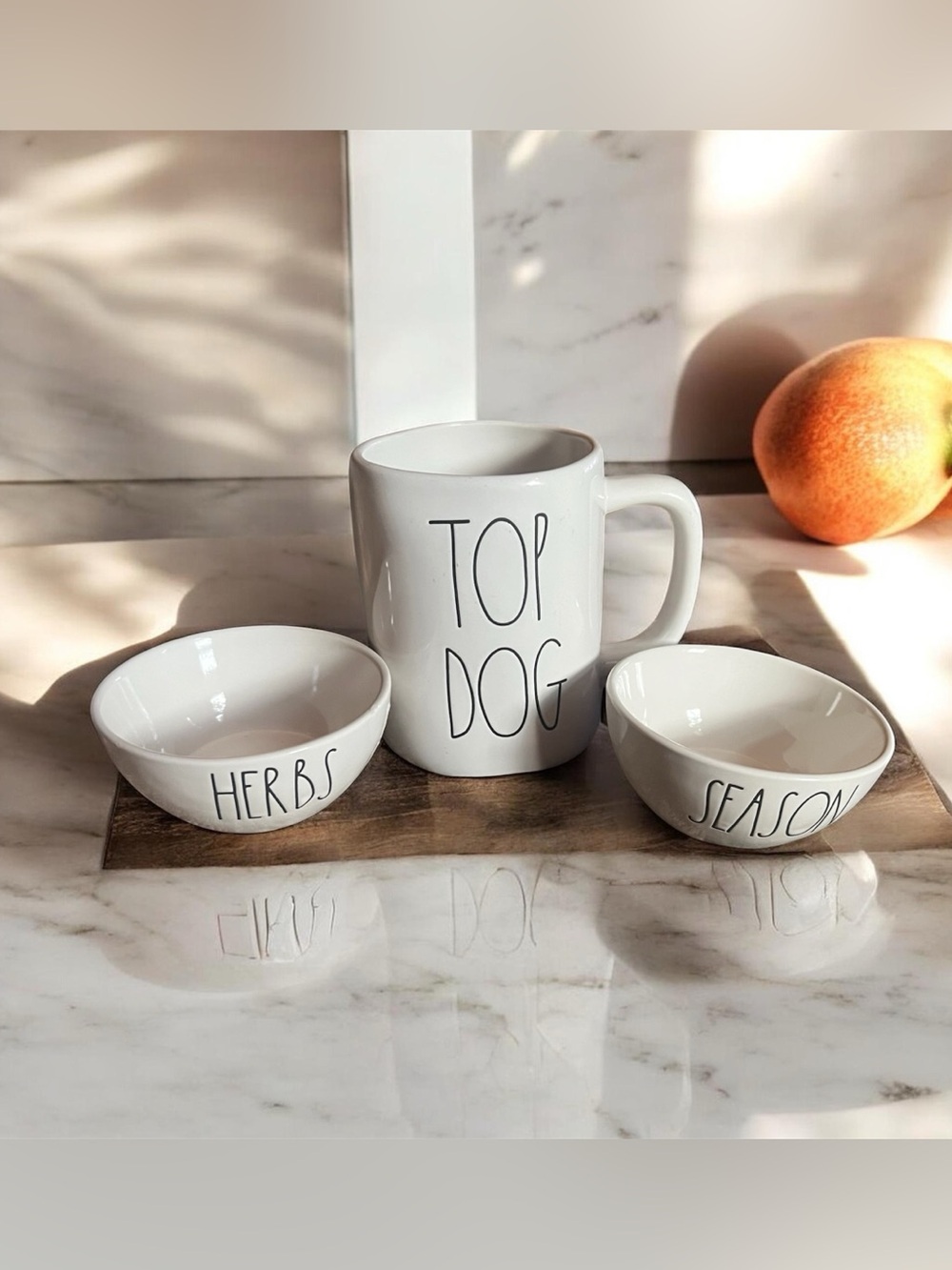 Rae Dunn White "TOP DOG" Mug with Matching Herb & Season Bowls